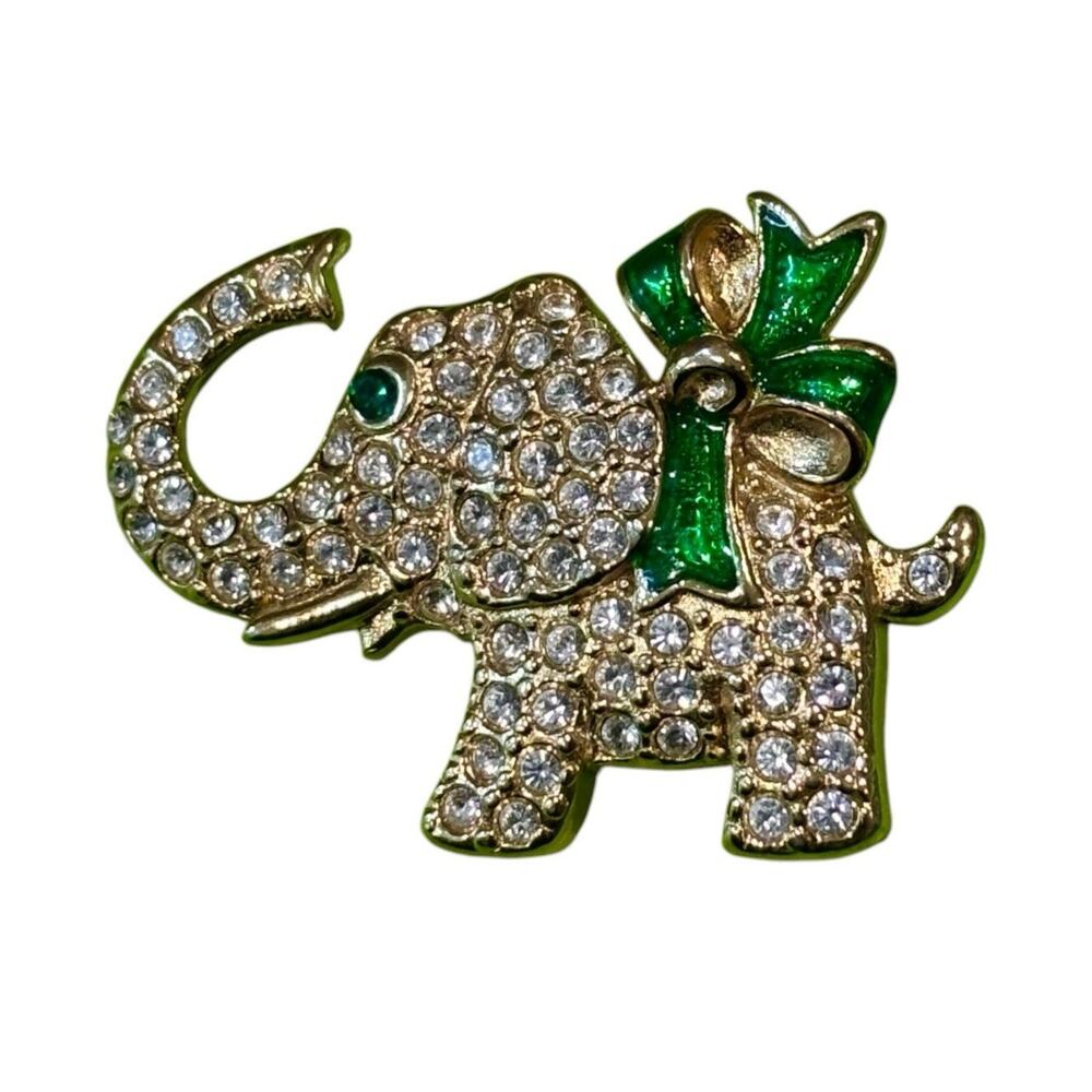 Vintage MONET Signed Rhinestone & Green Enamel Gold Tone Elephant Pin Brooch